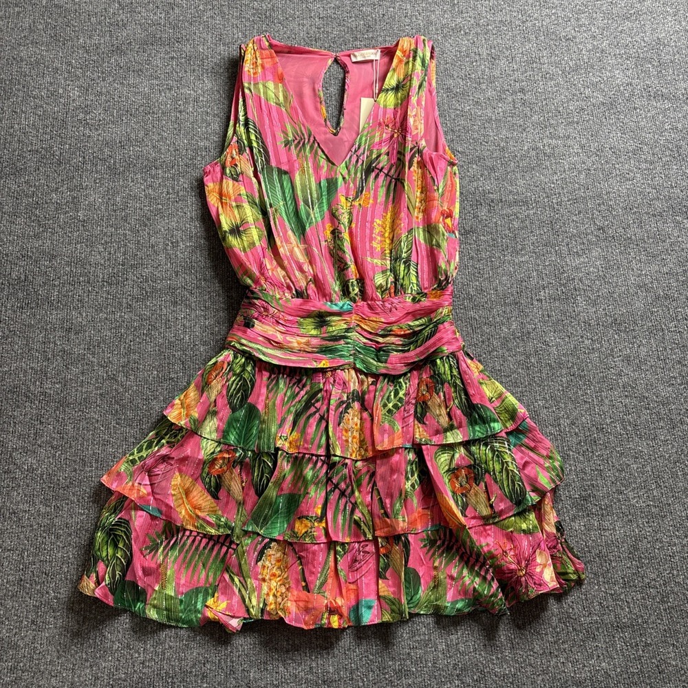Ramy Brook Wilson Silk Mini Dress Size 2 Pink Tropical Ruffle Resort NWT $525